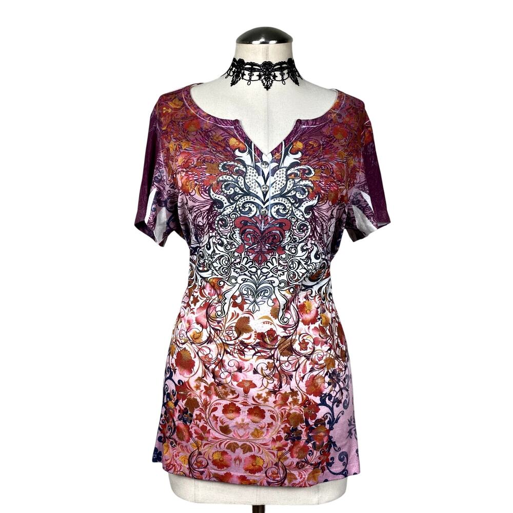 Vtg Y2K DressBarn Bedazzled Floral Heart Pink Mcbling Boho Blouse Top Tee Sz XL